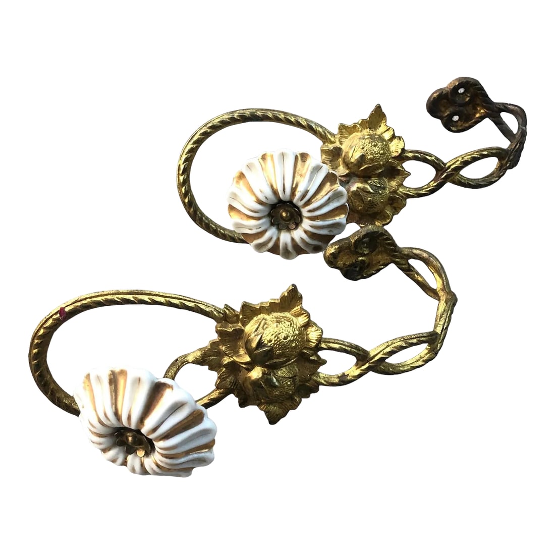 1920s Art Nouveau Gold Brass Porcelain Floral Drapery Tie Backs- a Pair: Art nouveau Gold toned brass strawberries and floral draperies tie backs. The gold and white porcelain flowers Very good to excellent vintage condition Condition: Alterations: Original Condition