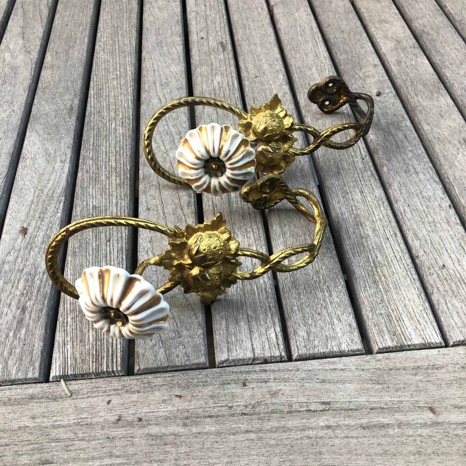 1920s Art Nouveau Gold Brass Porcelain Floral Drapery Tie Backs- a Pair - 2