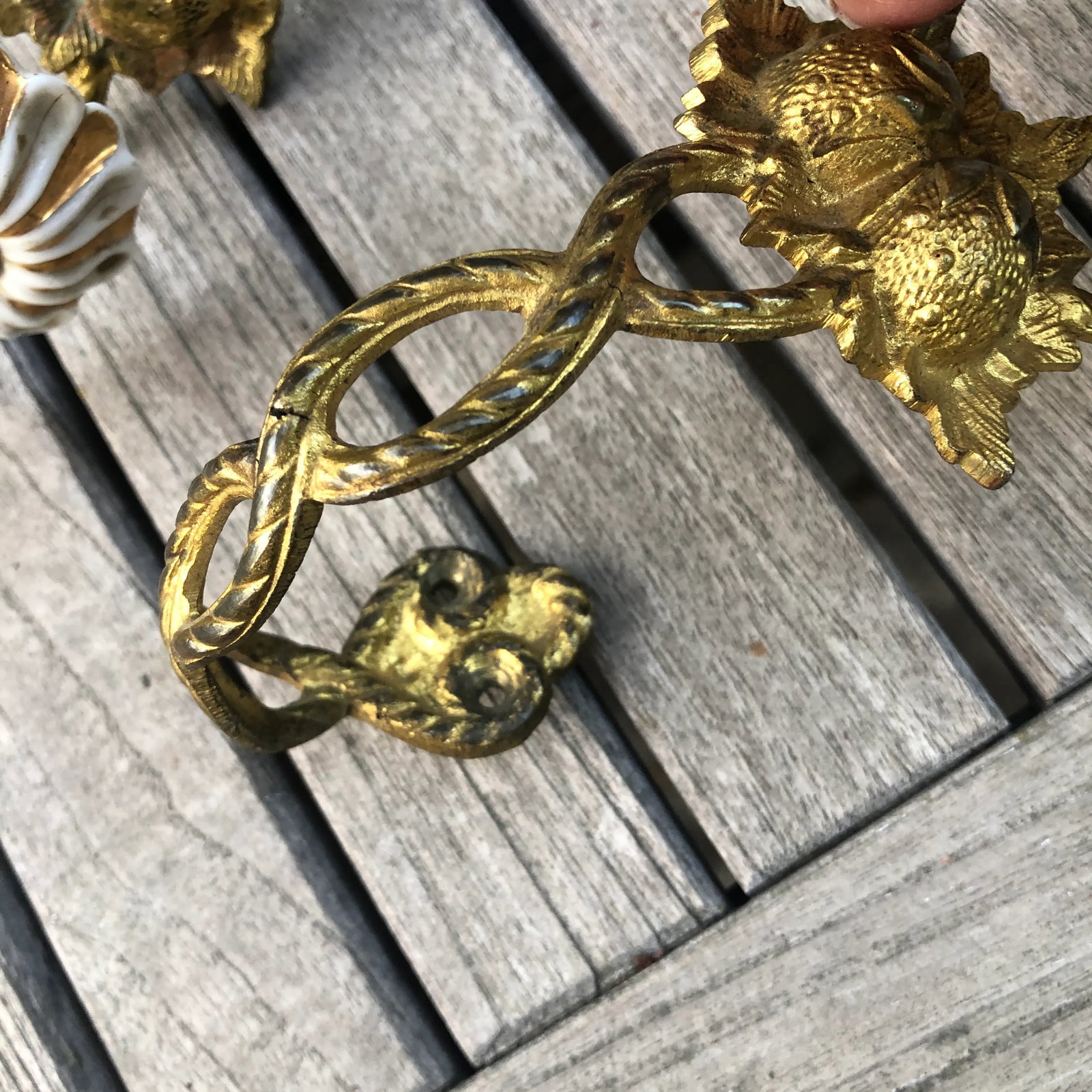 1920s Art Nouveau Gold Brass Porcelain Floral Drapery Tie Backs- a Pair - 6