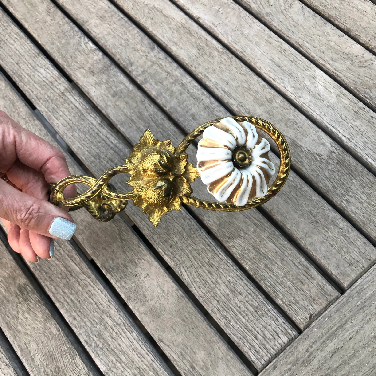 1920s Art Nouveau Gold Brass Porcelain Floral Drapery Tie Backs- a Pair - 8