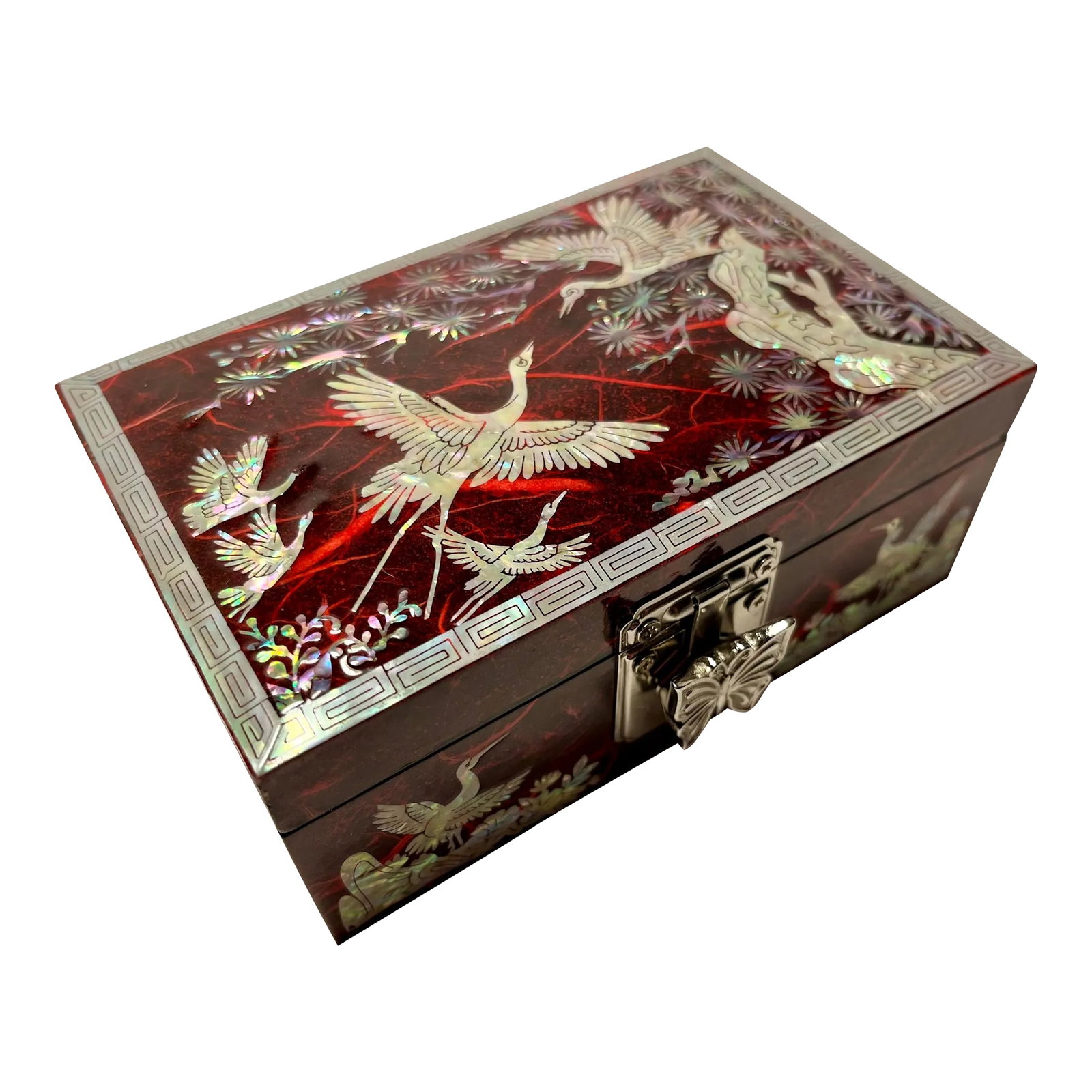 Vintage Asian Mother of Pearl Inlay Jewelry Lacquer Box With Mirror: Vintage Asian Mother of Pearl Inlay Jewelry Lacquer Box with Mirror Aprox. dimensions: 5.5" x 3.5" x 2.5 Very good original condition! Condition: Alterations: Original Condition Unaltered Imperfection