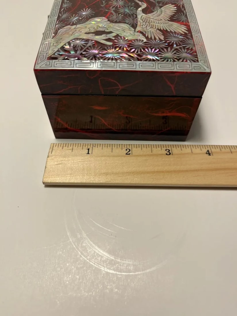 Vintage Asian Mother of Pearl Inlay Jewelry Lacquer Box With Mirror - 7