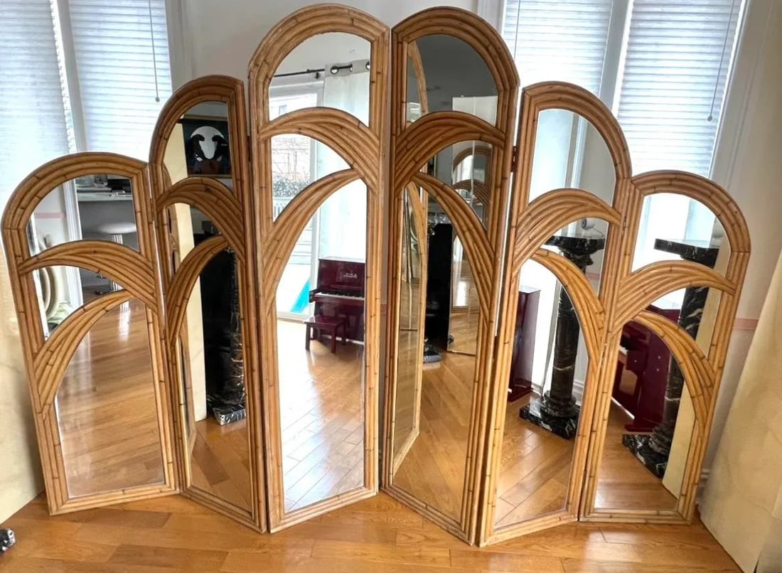 1970 Bamboo Mirrored Tri-Fold 6 Panels Room Divider - 12