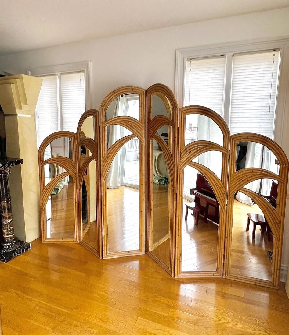 1970 Bamboo Mirrored Tri-Fold 6 Panels Room Divider - 2
