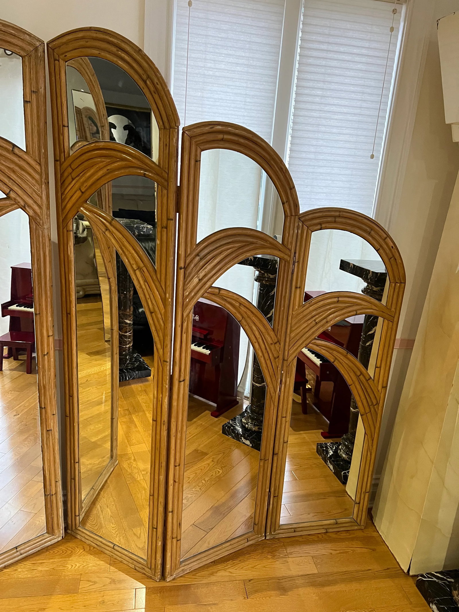 1970 Bamboo Mirrored Tri-Fold 6 Panels Room Divider - 4