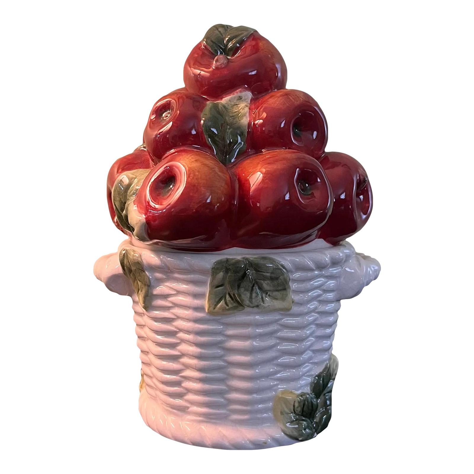 1990s Kaldun and Bogle Majolica Style Apple Jar Topiary: Charming accent for your kitchen! Majolica style apple jar can hold whatever tiny trinkets you'd like or be used to elevate a seasonal tabletop. In excellent vintage condition! Dimensions are 6 x 6 x
