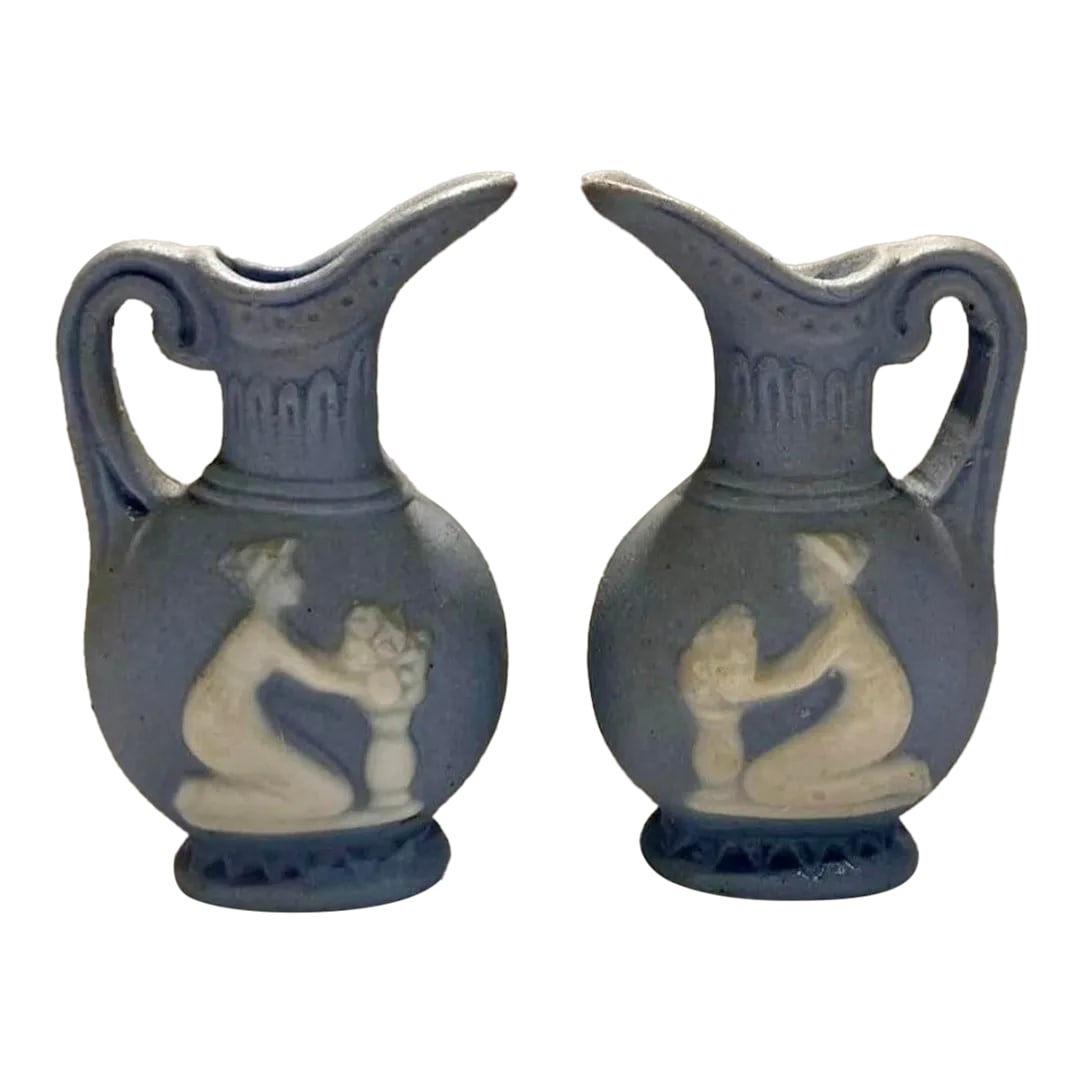 1940s Petite Wedgwood Style Pour Vessels, Made in Occupied Japan- Set of 2: Very petite, standing only 2 1/8 inches tall. Precious Wedgwood style pour vessels, made in occupied Japan during the years 1945-1952. Dimensions are: 2 1/8H x 1D x 1.5W IMPORTANT INFO: - I
