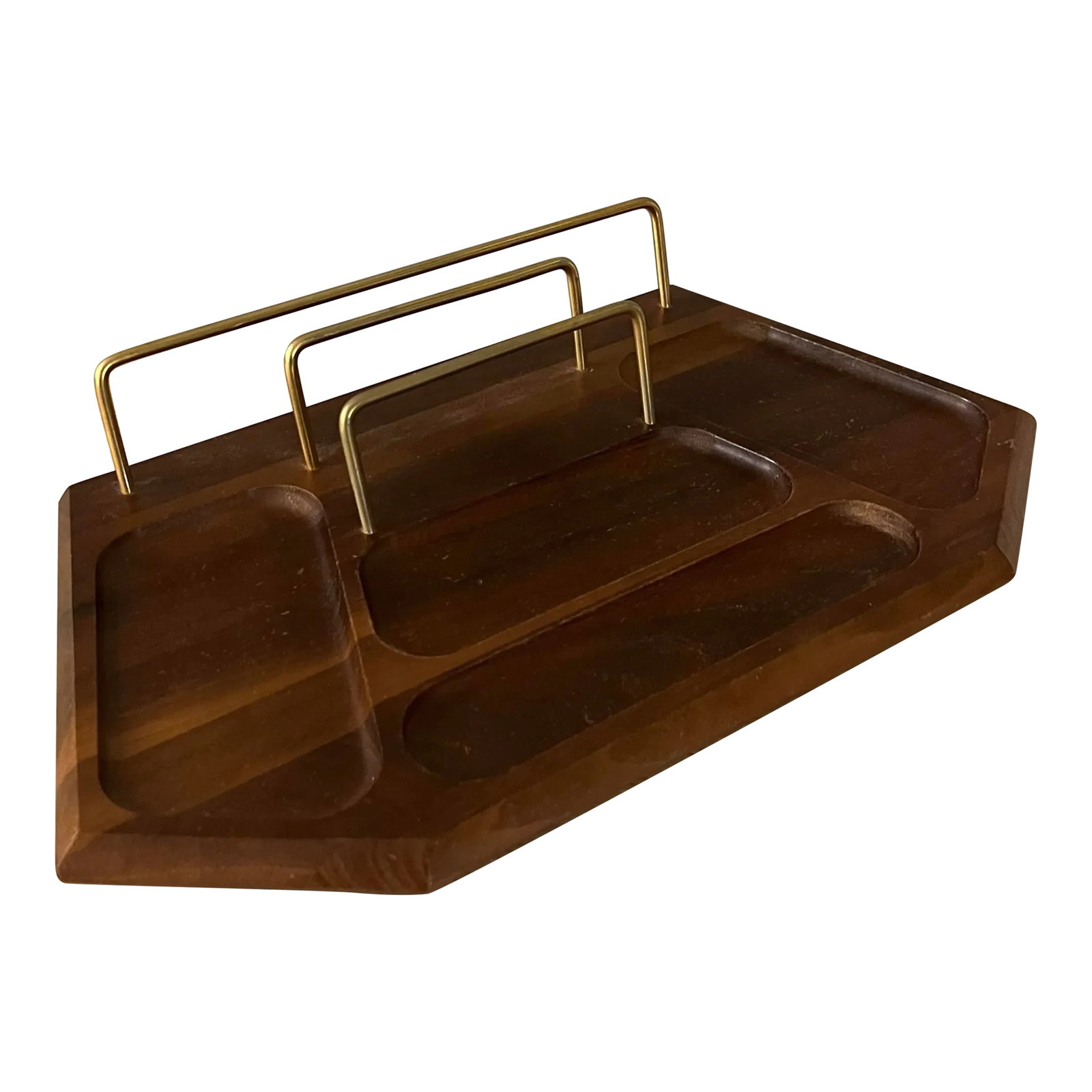1970s Mid-Century Modern Walnut Desk Organizer: Gorgeous (and made in the USA!) walnut mid century modern desk caddy has two slots for mail, and several other pockets/indentations for whatever clutter needs to be picked up and organized. Functional