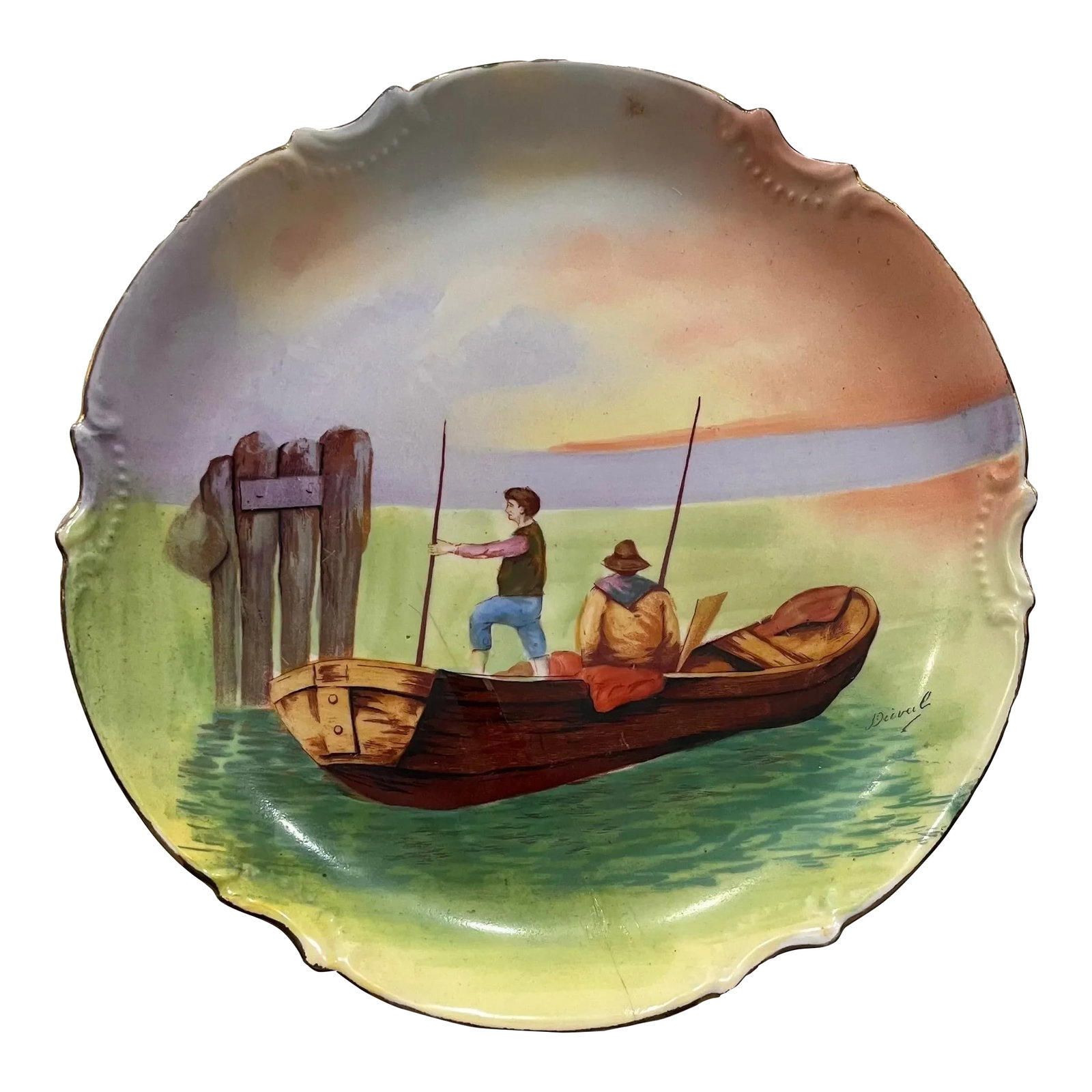 Antique Limoges Coronet Hand-Painted Fishermen Wall Plate- Signed: Beautiful handpainted fisherman themed Limoges plate. I hope this finds the perfect place on your wall- or gift list for the fishing guys in your life. Trimmed in gold with delicately fluted edges, al