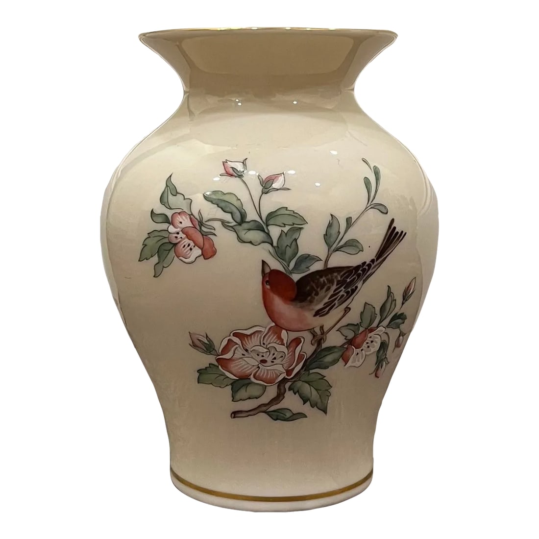 1980s Lenox Serenade Floral Vase: Lovely discontinued Lenox Serenade pattern vase in perfect condition. No chips, cracks or crazing, this absolutely glorious cream colored gold trimmed vase will be a gorgeous addition to your home!