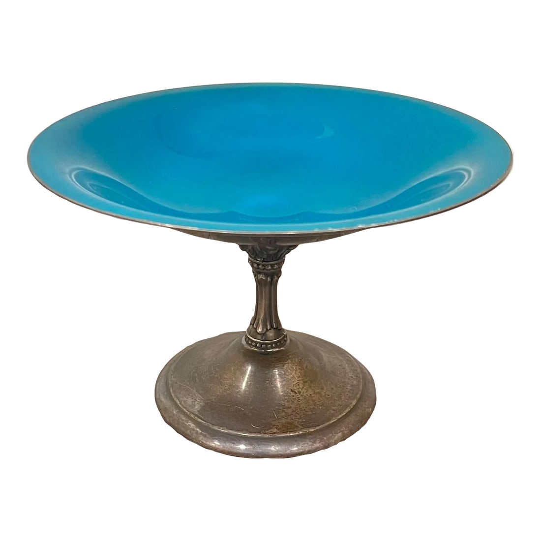 Mid 20th Century Reed and Barton Silverplate and Teal Enamel Pedestal Compote: Originally intended for culinary use, this gorgeous Reed & Barton compote dish can be placed anywhere you like. Striking design, beautiful curves. Excellent vintage condition! The color is not