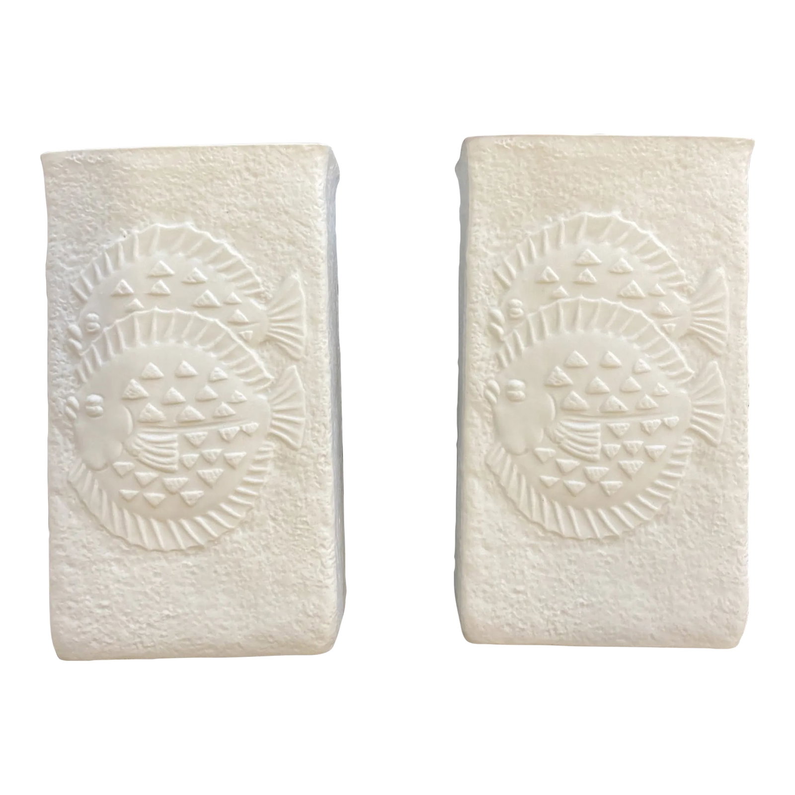 1960's German Plaster Vases, Fish Detailing.: This pair of German vases brings a subtle touch of character with fun detailing of aquatic life balancing the all white palette of the plaster containers Condition: Alterations: Original Condition