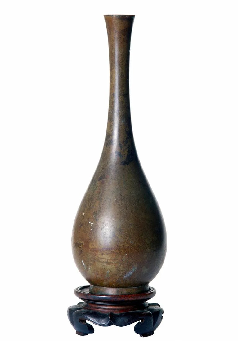 Tall Mid 20th Century Asian Bud Vase on Rosewood Stand - 2
