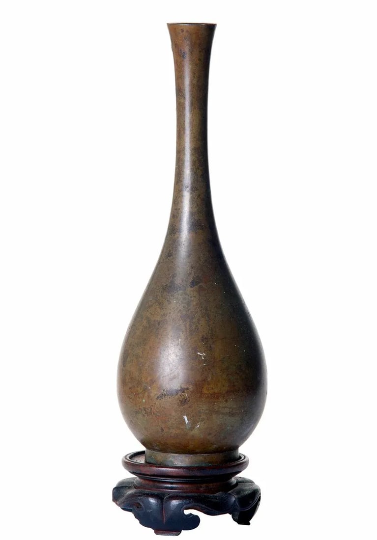 Tall Mid 20th Century Asian Bud Vase on Rosewood Stand - 3