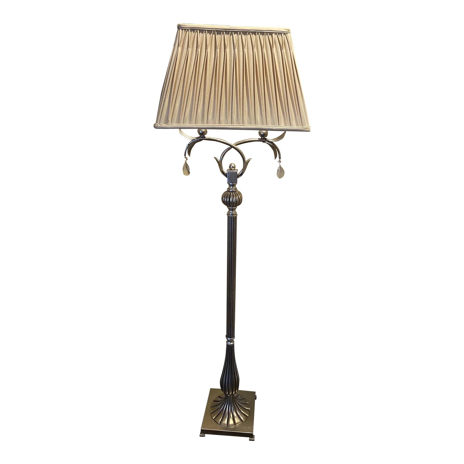 Vintage Late 20th Century Brass Floor Lamp: Vintage 2 light Brass Floor Lamp with rectangular pleated ivory shade and crystal drop crystal decoration. Condition: Alterations: Original Condition Unaltered Imperfections: Some Imperfections