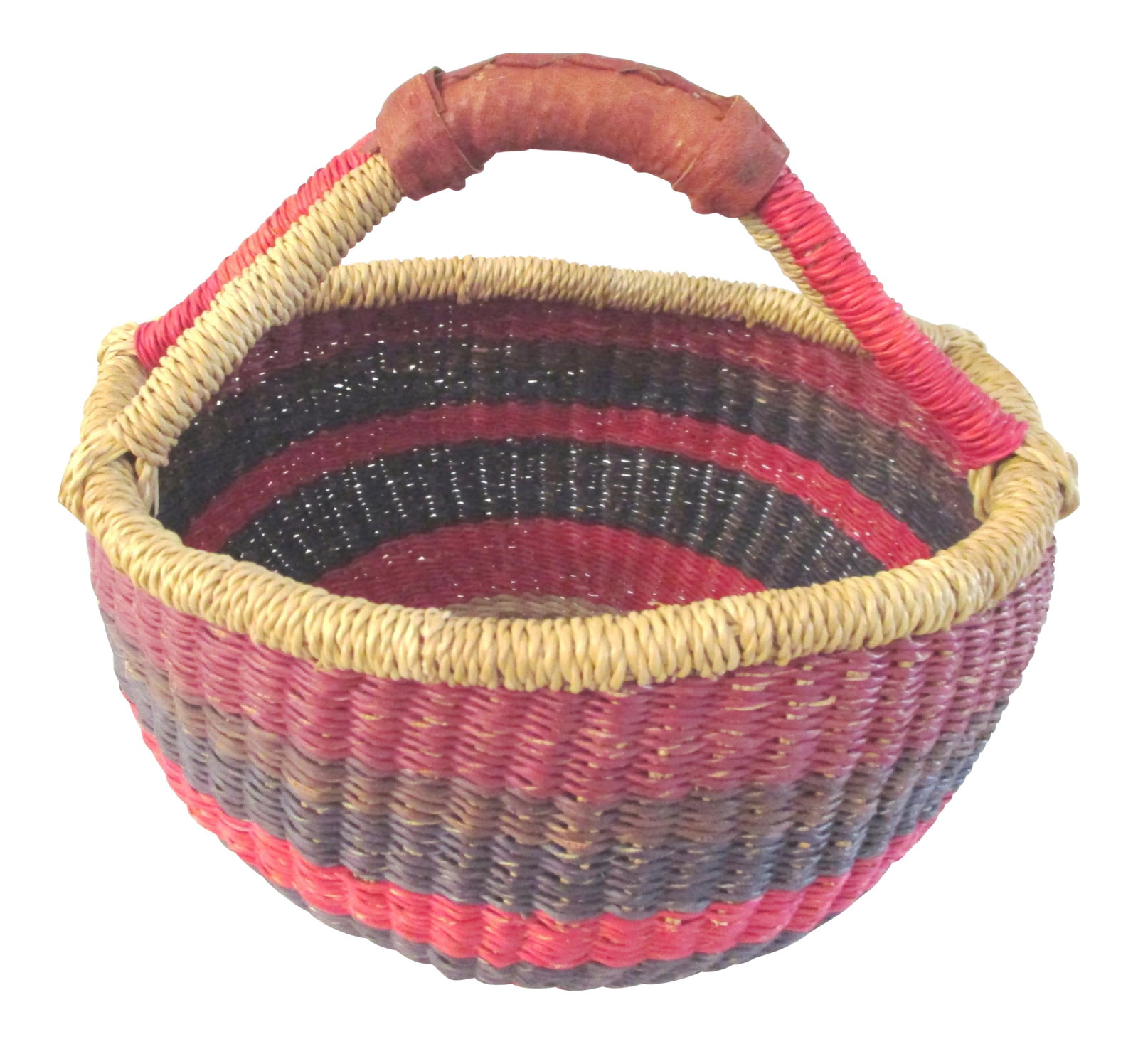 Ghanian Bolga Market Basket: Colorful leather handled Bolga market basket hand-made in Ghana. Dyed reeds in shades of red, burgundy, brown, black and tan. Condition: Condition Notes: Excellent - Minor wear consistent with age