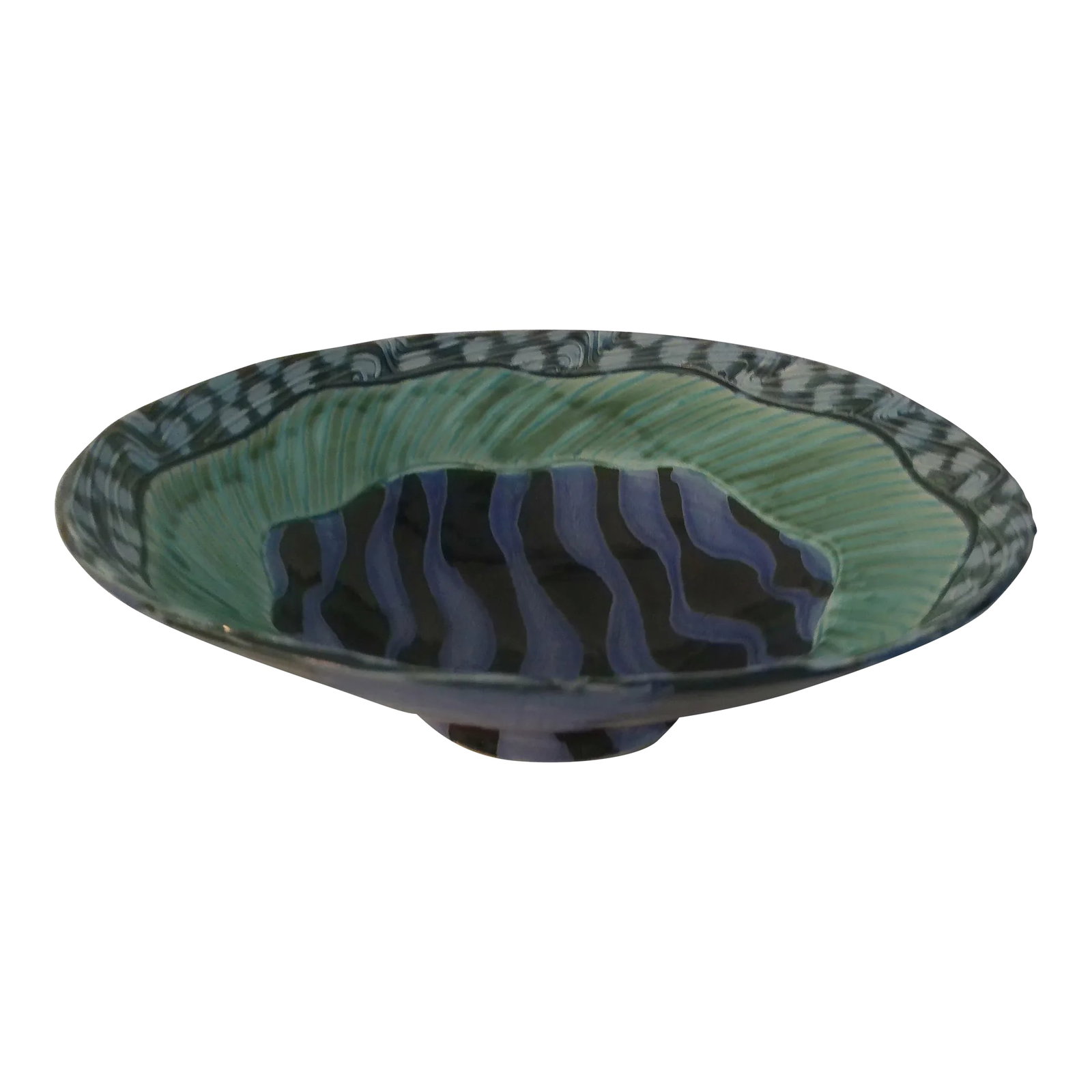 Vintage Artisan Studio Art Abstract Pottery Bowl: Striking hand-made studio art pottery bowl featuring an eclectic, abstract design in shades of greens, blues, and black. Excellent condition. Condition: Alterations: Original Condition Unaltered