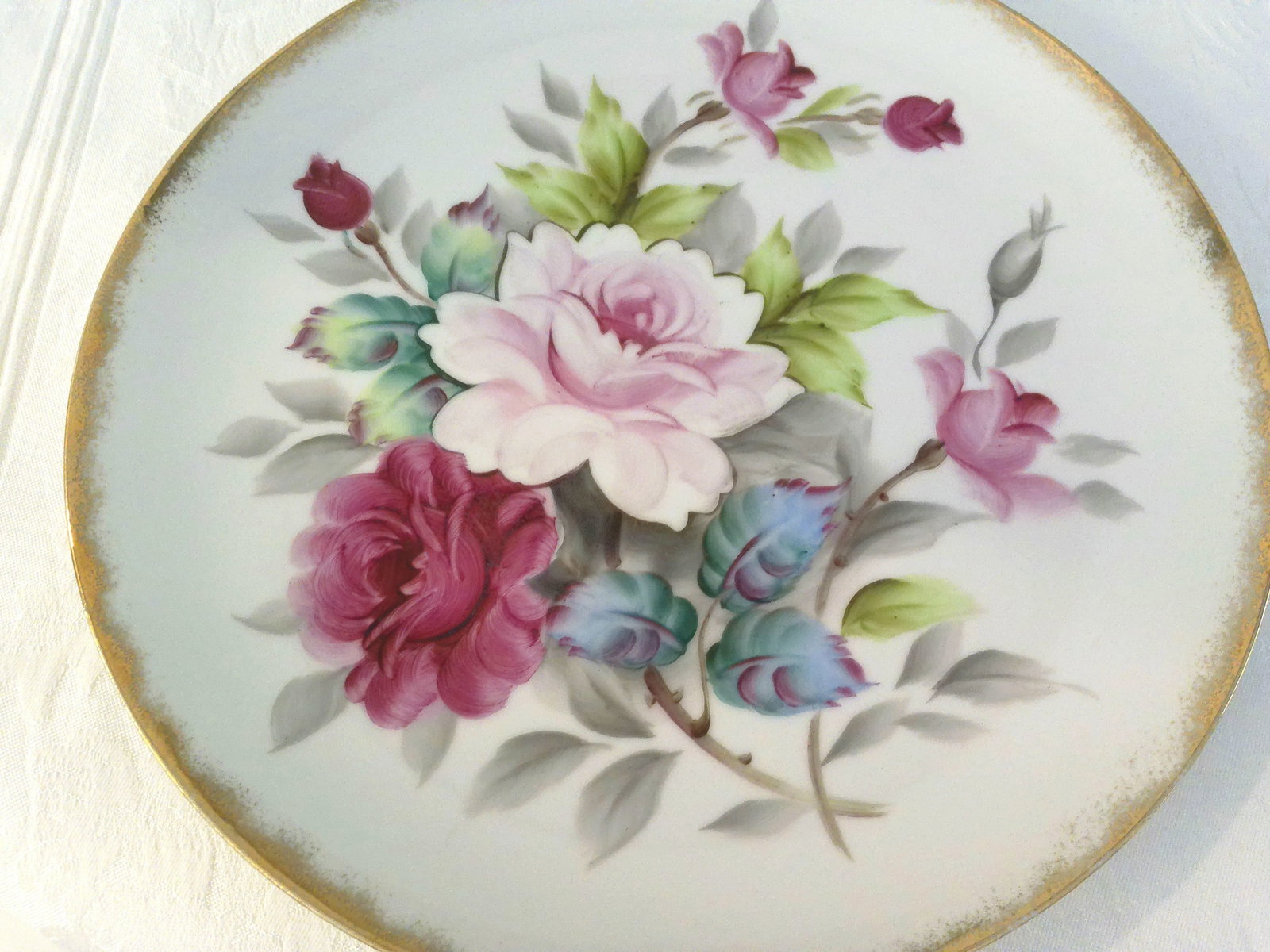 Mid-Century Large Hand-Painted Cottage Rose Display Platters, a Pair - 2