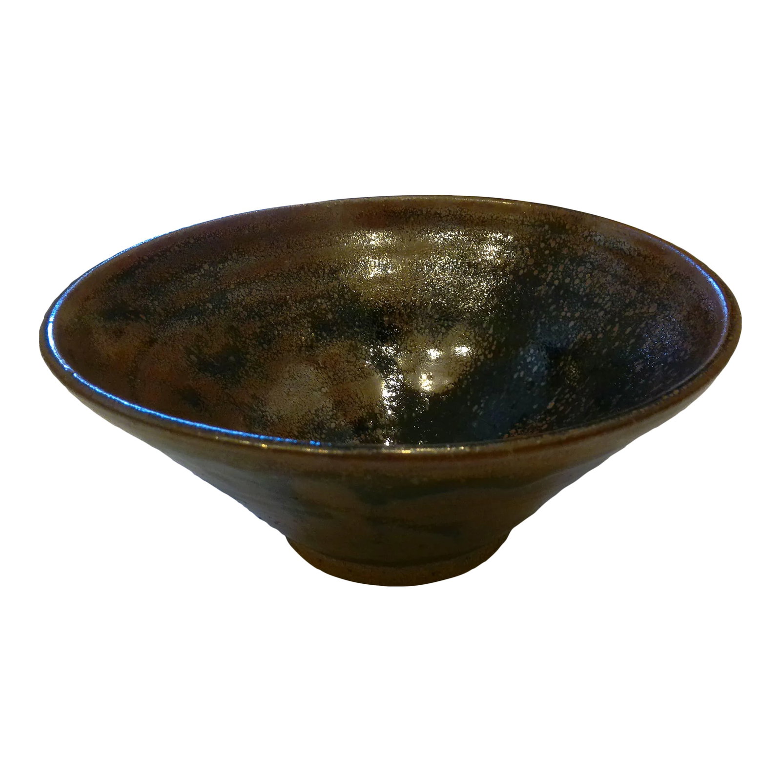 1980s Artisnal Asian Modern Raku Pottery Bowl: Stylish vintage Raku artisnal pottery bowl in shades of dark brown and black in an Asian modern design. Condition: Alterations: Original Condition Unaltered Imperfections: Some Imperfections