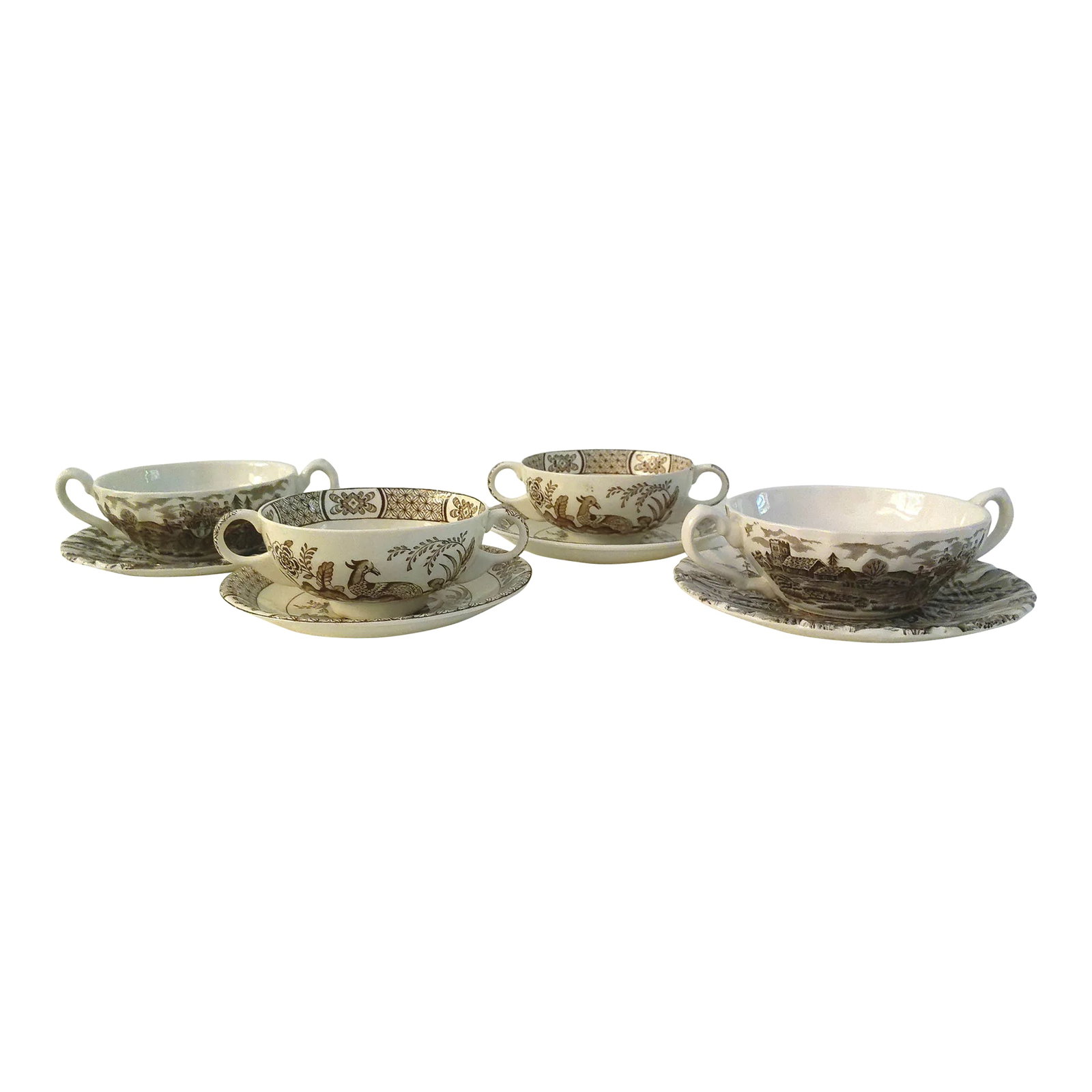 Vintage Staffordshire England Ironstone Consomme Cups & Saucers, 8 Pcs: Charming set of four nicely matched ironstone consomme cups and saucers in white and brown. Set consists of two consomme cups, (6.25"L x 4.5"W x 2.25"H), and two saucers, (6.25"Dia x 1"H), in
