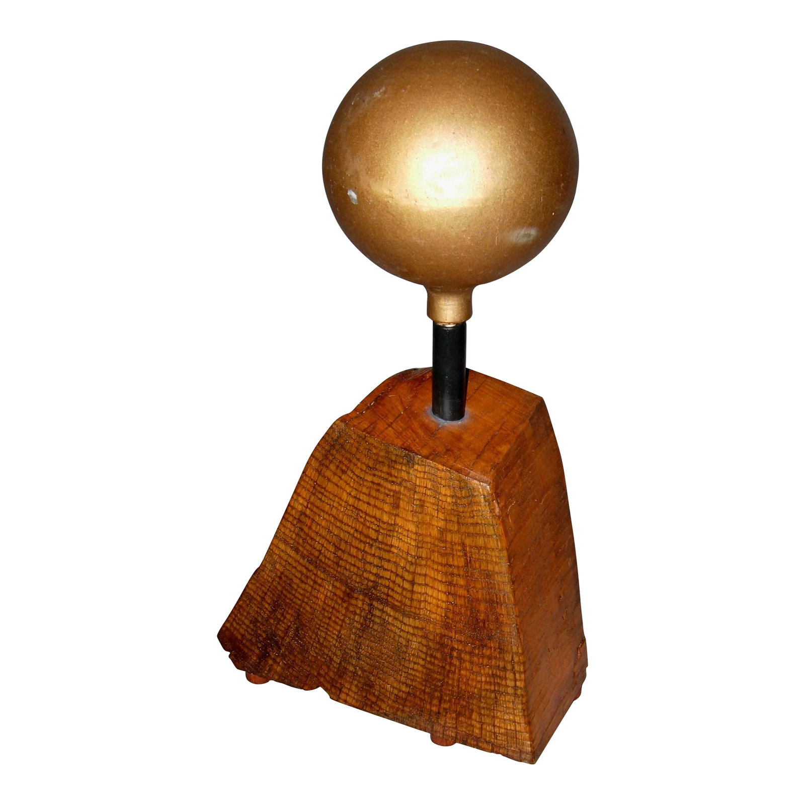 Early 20th Century Flag Pole Topper on Stand: Offered here is a Gold Painted Flag Pole Topper on a wooden stand. The ball is 6 inches and pretty heavy but I never weighed it. It is non-magnetic, painted gold and has scratch to paint that shows