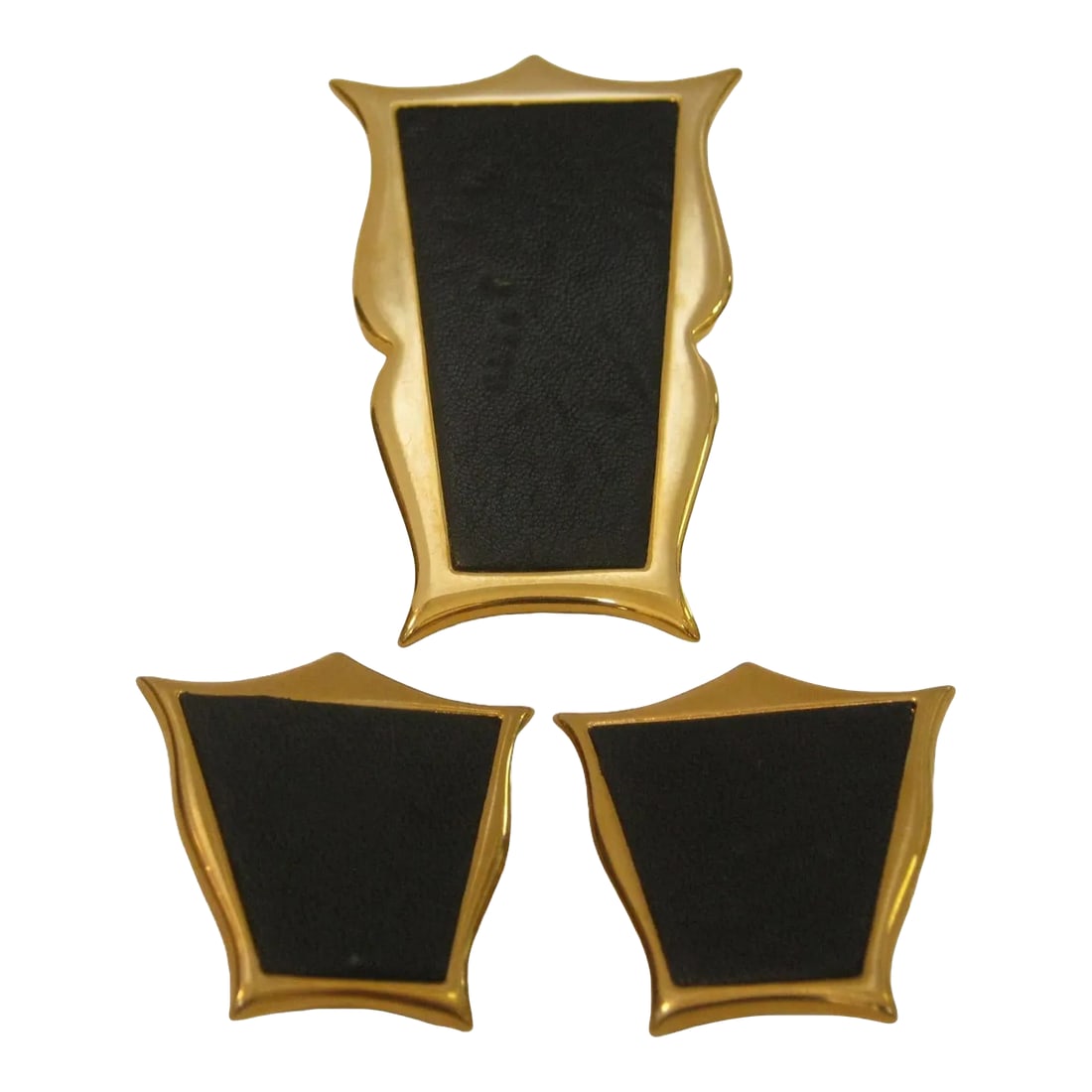 1980s Vintage Karl Lagerfeld Huge Leather Brooch & Earrings Polished Gold Plated Framed Set, 3 Piece: This is part of Chairish's Costume Jewelry assortment. Classic Karl Lagerfeld vintage leather polished gold framed huge brooch & clip back earrings set. Signed, "KL" on all pieces From my private coll