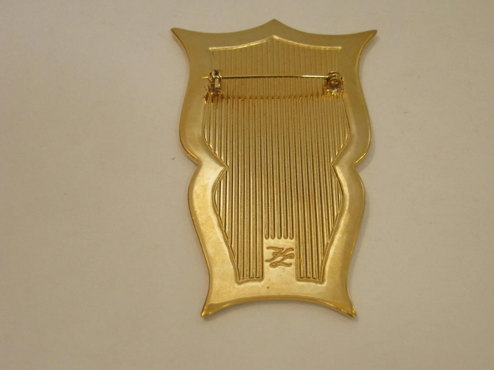 1980s Vintage Karl Lagerfeld Huge Leather Brooch & Earrings Polished Gold Plated Framed Set, 3 Piece - 3