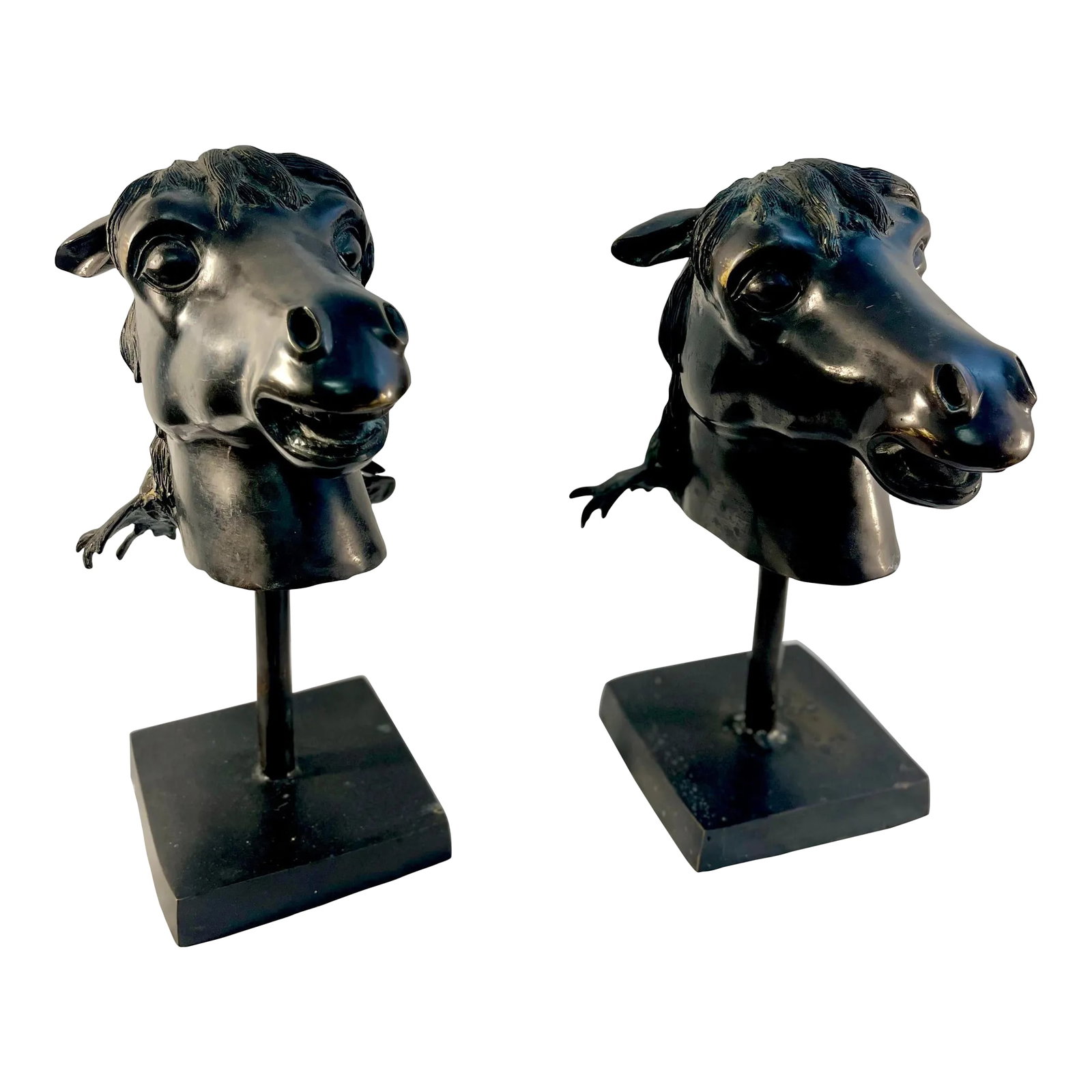 Mid Century Iron Horse Head Sculptures- Set of 2: Fantastic horse head sculptures on base. Made in the 1960s and quite impressive... Perfect to style a mantle or bookshelf. Small sauder/ weld seems to have been done to repair on but does not effect l