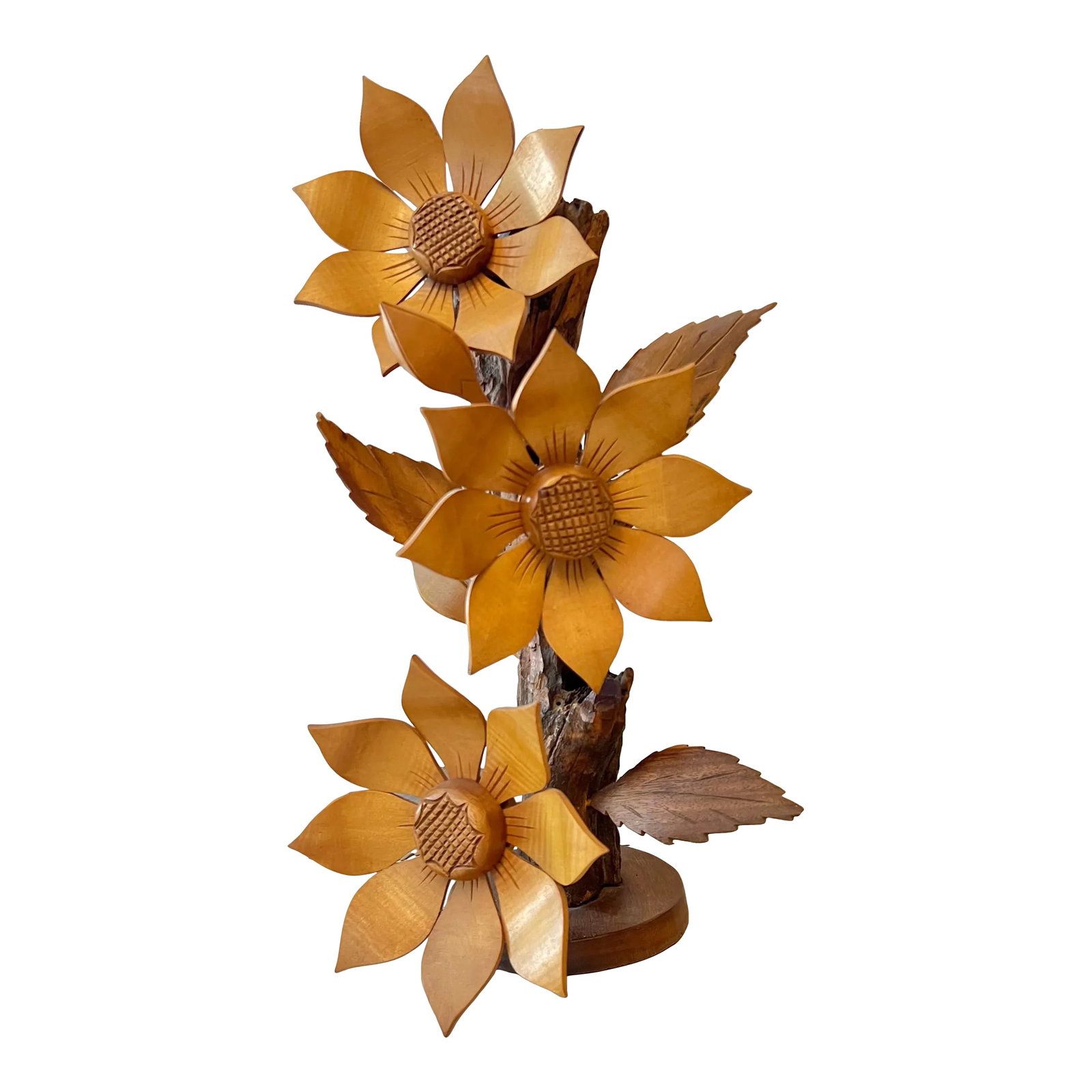 Mid 20th Century Mid Century Hand Carved Flower Statue: Mid century hand carved wood Flower statue. This creative piece is hand carved with wooden leaves and flowers attached to a tree bark that is sitting upright on a stand. I do not see a name. The 3