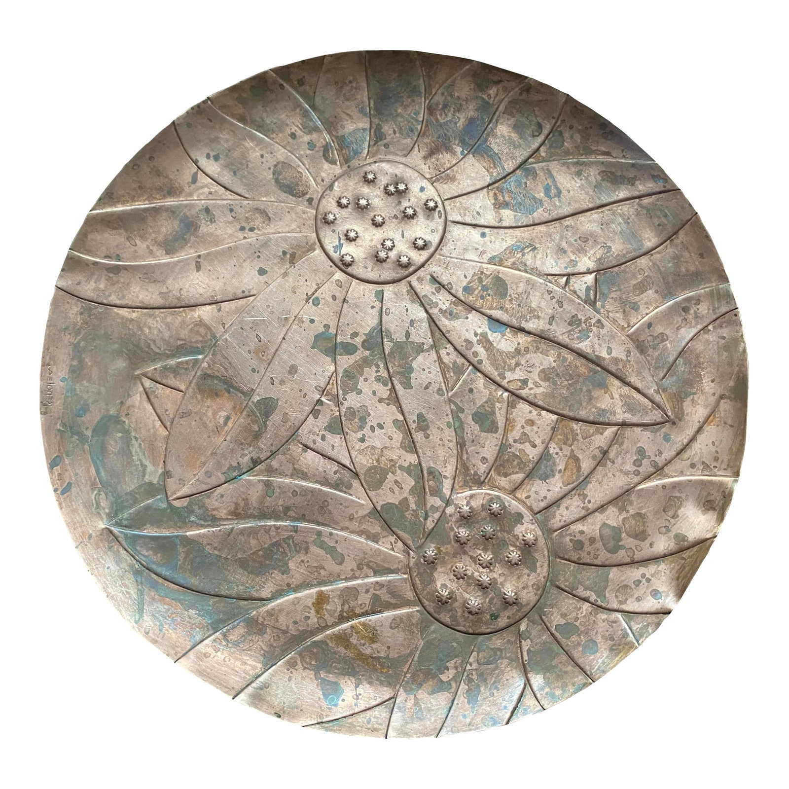 Original 1930s Francisco Rebajes Copper Plate, Double Sunflower: An original hand-made plate from Francisco Rebajes, made of pure copper with an indented sunflower motif and signed on the inner rim. Francisco Rebajes rose to prominence in the New York art scene of