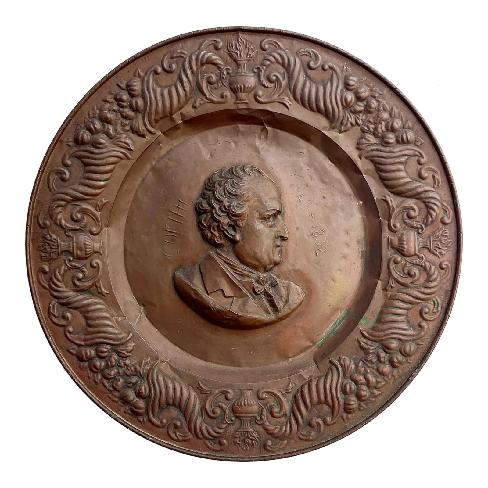 19th Century French Medallion Portrait Plaque of Johann Wolfgang Von Goethe: Handsome 19th century French medallion portrait plaque of Johann Wolfgang von Goethe (28 August 1749 - 22 March 1832) was a German poet, playwright, novelist, scientist, statesman, theatre director,