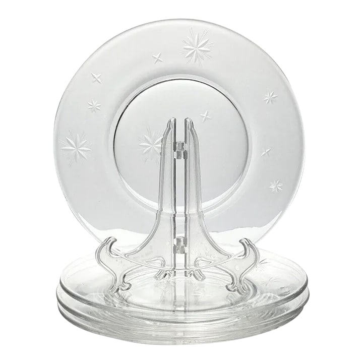 1960s Mid-Century Fostoria "Stardust" Set of 4 Etched Starburst Glass Salad Plates: Fostoria "Stardust" Set of 4 Glass Salad Plates, 7 1/4" Mid-century 1960s. No chips, cracks, or fleabites. Length 7 1/4" Height 1/2" Circa 1960s Condition: Alterations: Original Condition Unaltered