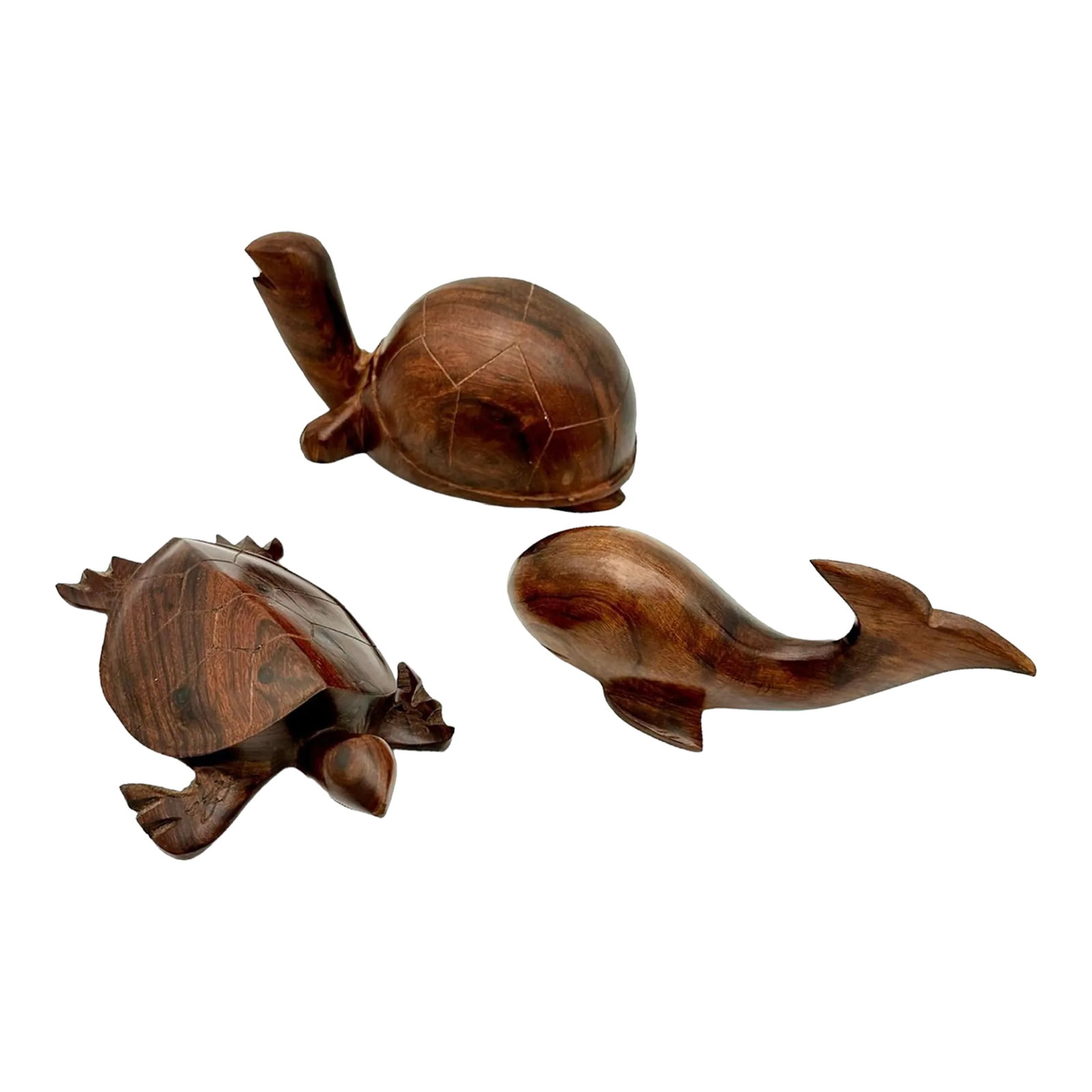 Late 20th Century Hand Carved Wood Seascape Figurines Set of 3: Add a touch of contemporary style to any room with this stunning set of three handcrafted wood figurines. The intricate carvings depict beautiful seascape figurines and are finished in a natural