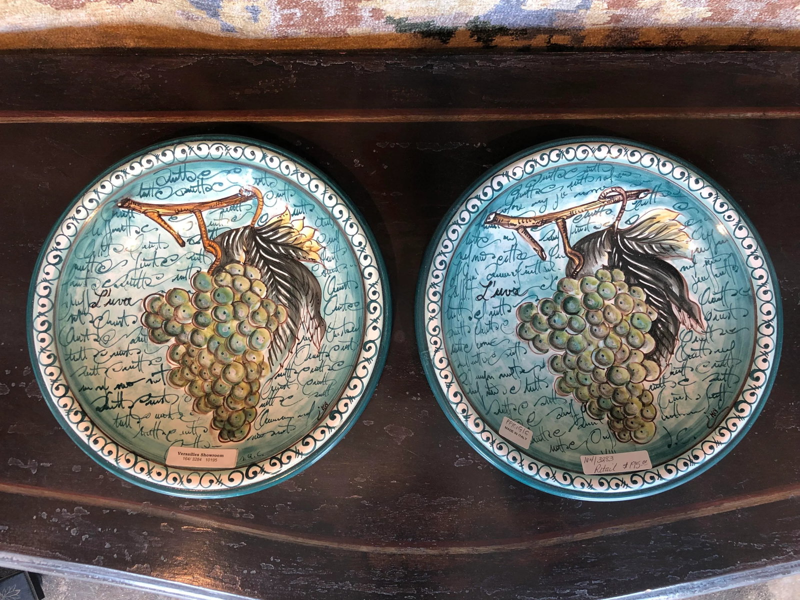 1990s Italian Hand Painted Round Ceramic Grape Wall Plates - a Pair - 7
