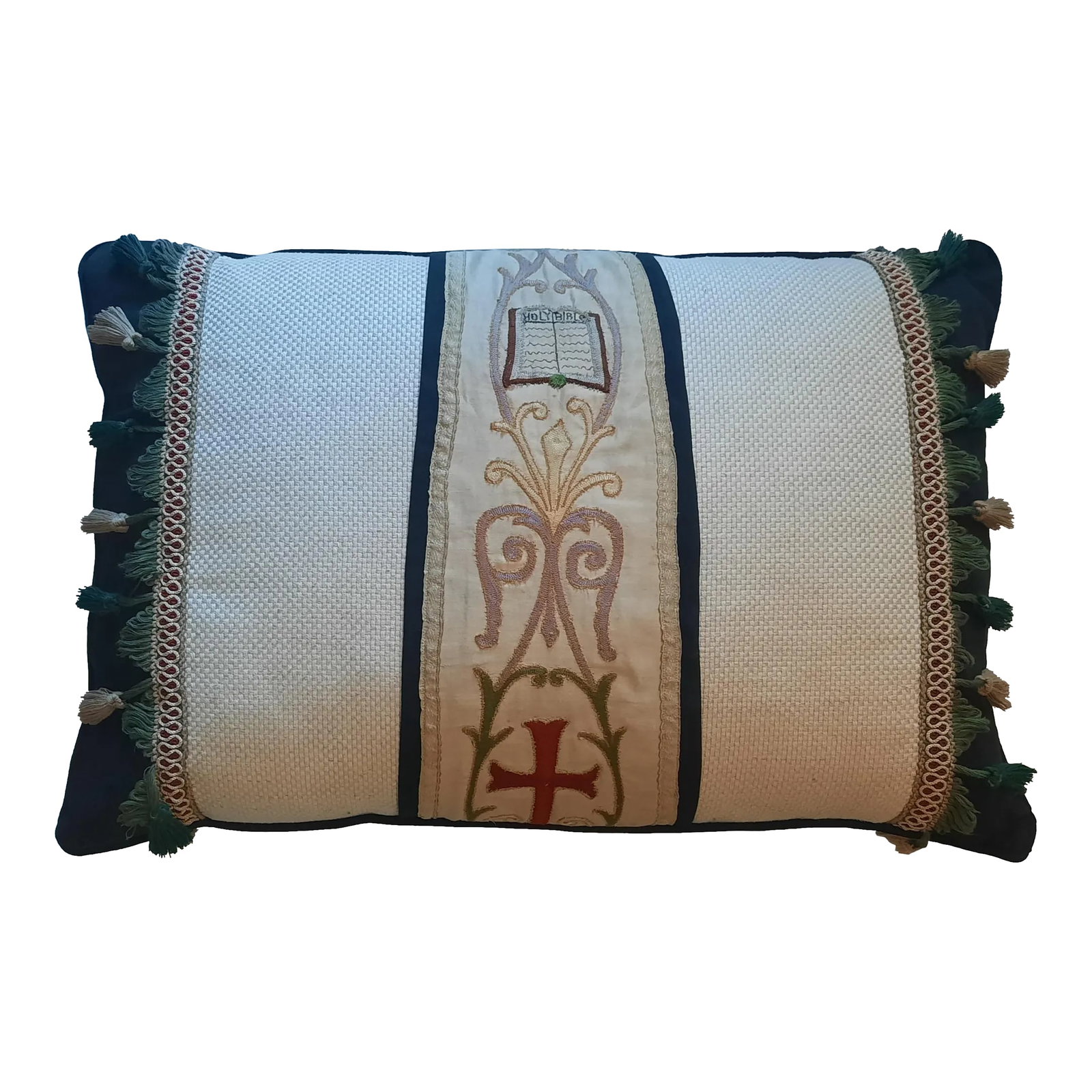 Custom Vintage Vestment Lumbar Pillow: Custom made pillow I designed using a vintage European vestments in the center paired with contemporary linen fabric on the front and back with black cotton accents and tassel trim. This pillow is sew