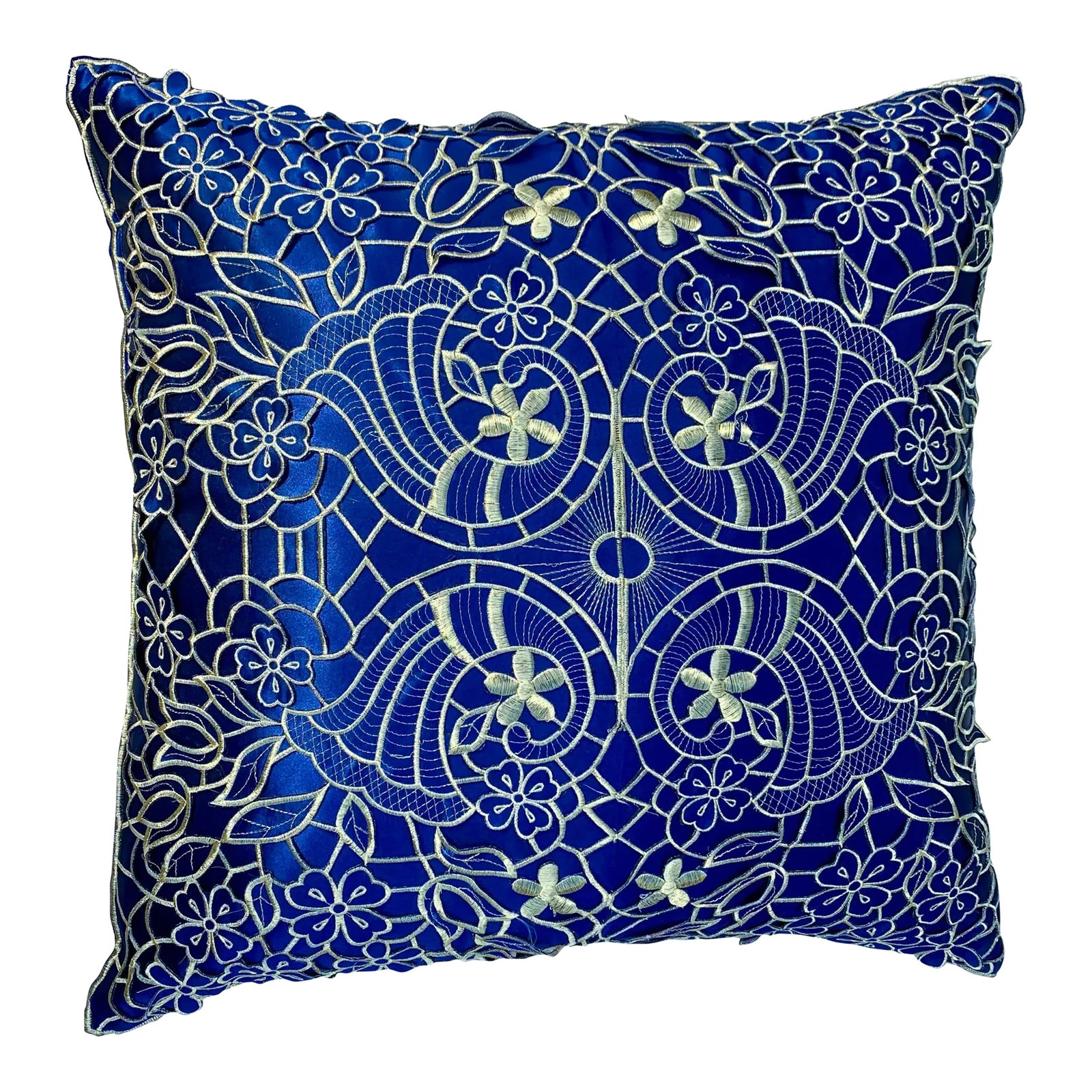 Large Blue & Gold Pillow With Tassels: Large Pillow for a couch, chair or bed. Gold lace fabric overlapping deep blue shinny fabric There are also 4 gold tassels on the corners of the pillow. Measures 26" x26" and about 8" thick. I do not 