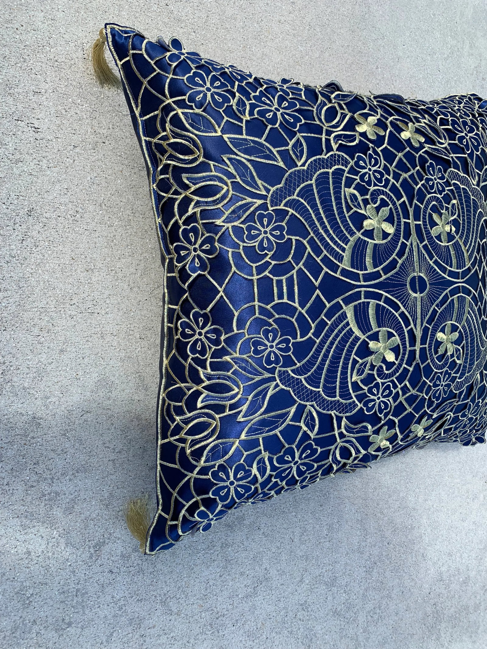 Large Blue & Gold Pillow With Tassels - 7