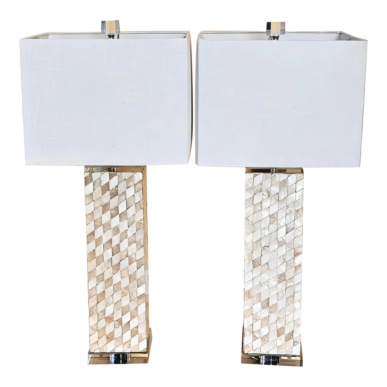 21st Century Seashell and Glass Table Lamp by Jonathan Y - a Pair: Add a touch of elegance to your home with this set of two Verna seashell LED table lamps by JONATHAN Y. The lamps feature a mosaic design with hand-collected seashells applied on the rectangular