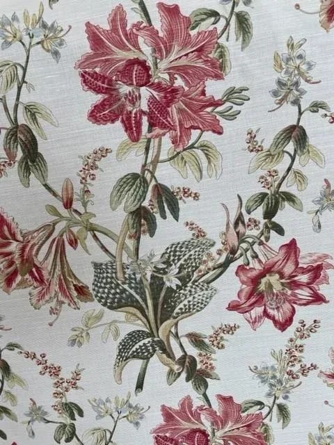 Bennison "Orchid Lily" Fabric- 6 Yards: Six yards cotton printed fabric from the iconic English textile house of Bennison. 60" wide, printed width of 46" with 7" selvage on each side, 18"vertical pattern repeat, half drop. Colors Pink / Gre