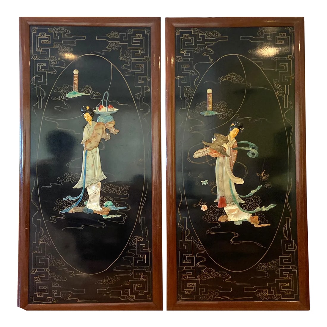 1950s Large Vintage Asian Inlaid Black Lacquer Hanging Panels - Set of 2: Beautiful pair of large vintage lacquer panels. inlaid with mother of pearl, jade, quartz, and other stones. Very pretty. Framed and Ready to hang. Each panel measures 50" high by 24" wide and 1"