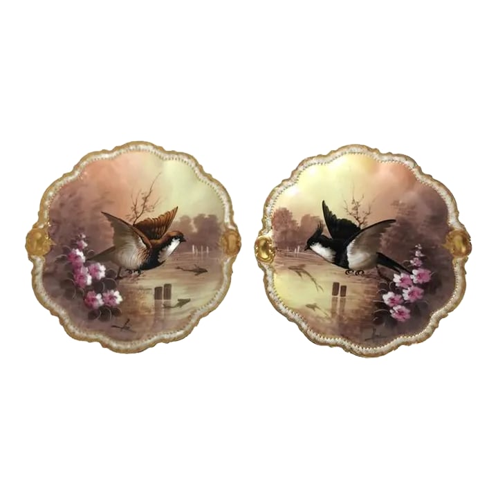 Antique Limoges Mermod & Jaccard Cabinet Plates Game Birds Set of 2: Antique Limoges Mermod & Jaccard Jewelry Company cabinet plates with game birds. Hand painted, signed "Rene" by the artist. Made in France. Circa 1891. Set of 2. Each plate is approx. 9.5" in diameter
