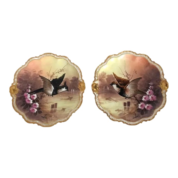 Antique Limoges Mermod & Jaccard Cabinet Plates Game Birds Set of 2: Antique Limoges Mermod & Jaccard Jewelry Company cabinet plates with game birds. Hand painted, signed "Rene" by the artist. Made in France. Circa 1891. Set of 2. Each plate is approx. 9.5" in diameter
