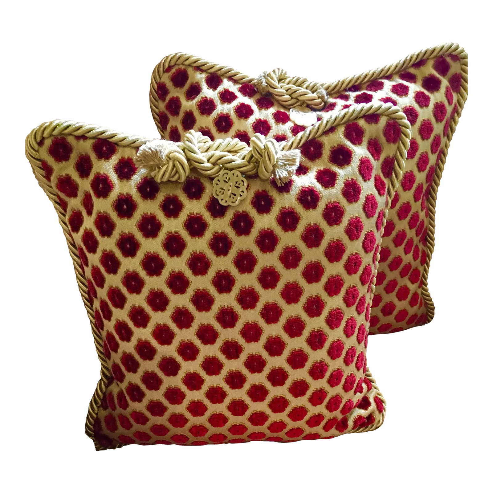 Pierre d'Argent Savoia Red Umber Velvet Dot Decorative Accent Pillows- Set of 2: This Pair of accent pillows in exclusive Italian designer fabric from Old World Weavers features cut velvet florets in a rich umber red on a field of champagne satin. These 12 "x 12" decorative