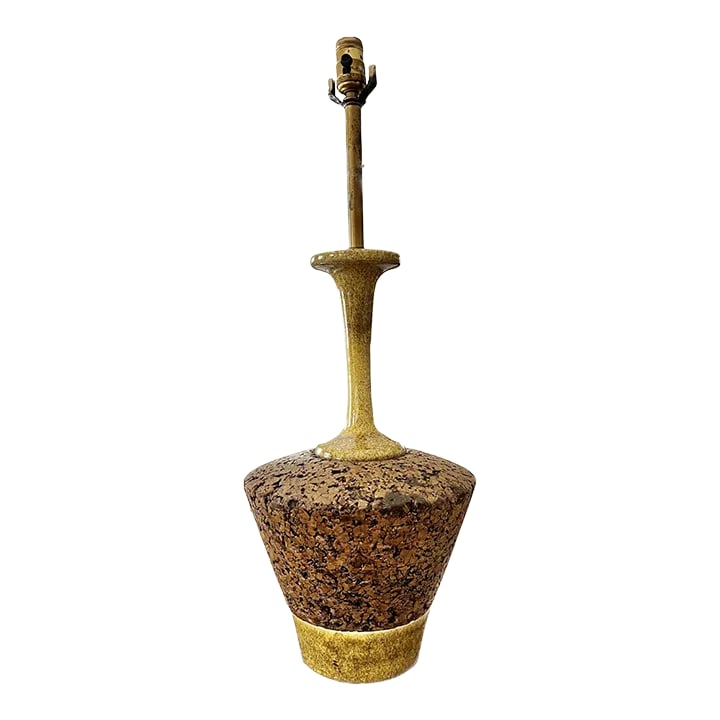 1950s Mid-Century Modern Large Cork and Ceramic Table Lamp: Really nice Mid century modern cork table lamp. Yellow ceramic, brass metal. Circa 1950s. No shade. Tall but light weight. Condition: Alterations: Original Condition Unaltered Imperfections: Some