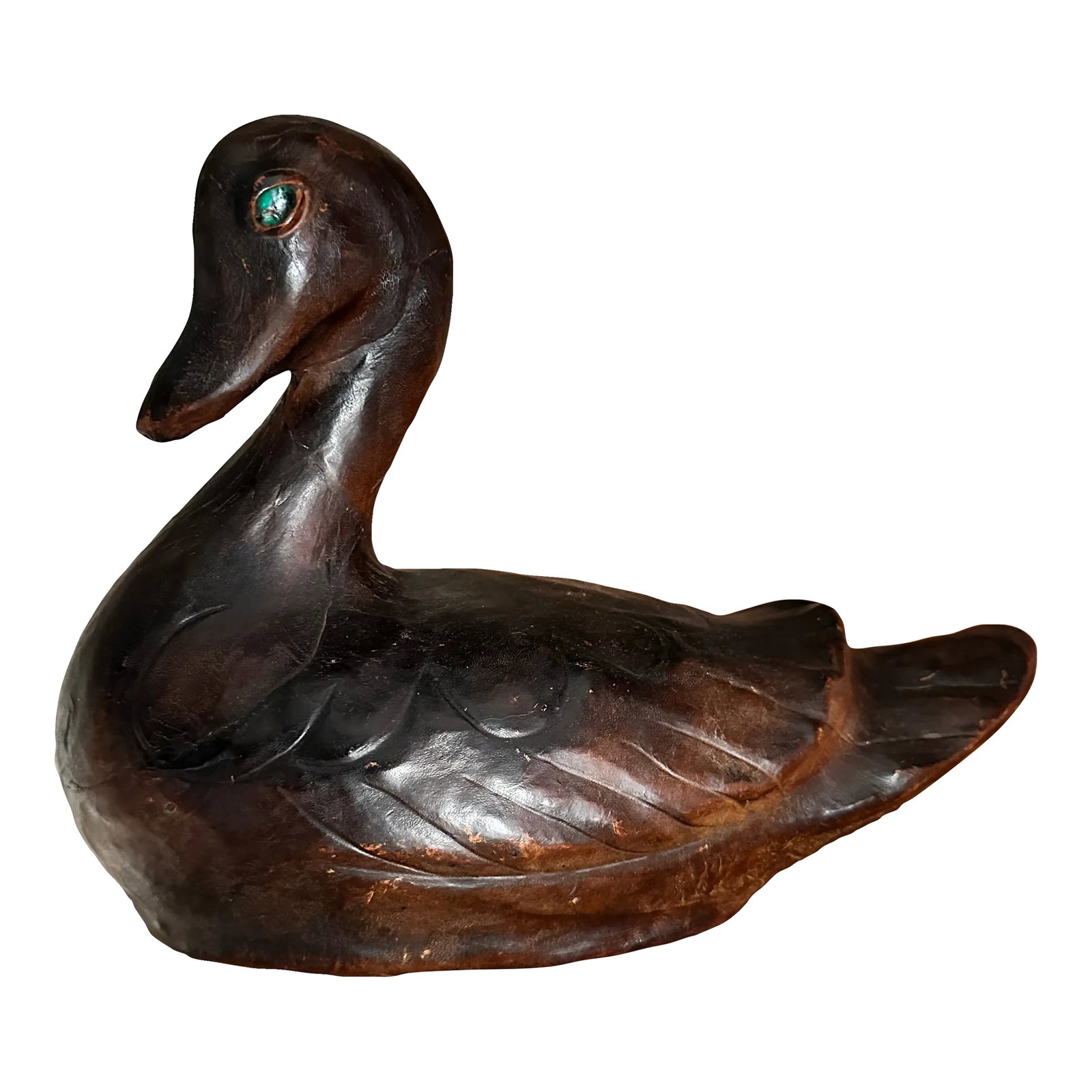 Early 1900s Hand Made Antique Leather Duck Decoy With Hand Cut Glass Eyes: Early 1900s hand tooled leather wrapped duck decoy with hand cut green glass eyes. One of a kind. Immaculate condition. Condition: Alterations: Original Condition Unaltered Imperfections: Some