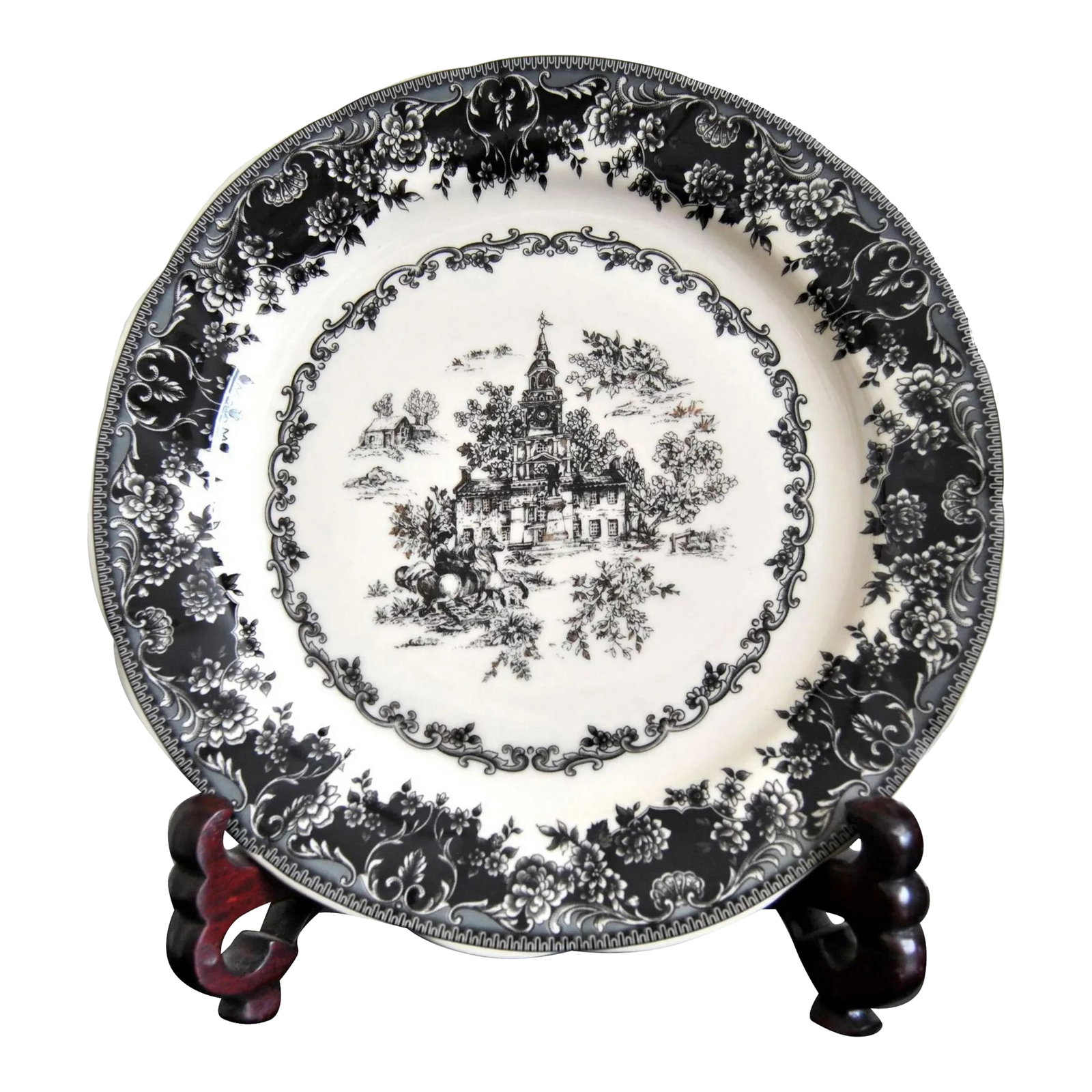 Old Britain Staffordshire Toile Black Platter Equestrian Country Theme Table Top: Staffordshire toile-black large plate, decorated with floral rim and Old Britain/English country Bourgeoisie theme, this platter/charger brings an air of luxury sophistication to a traditional Staffor