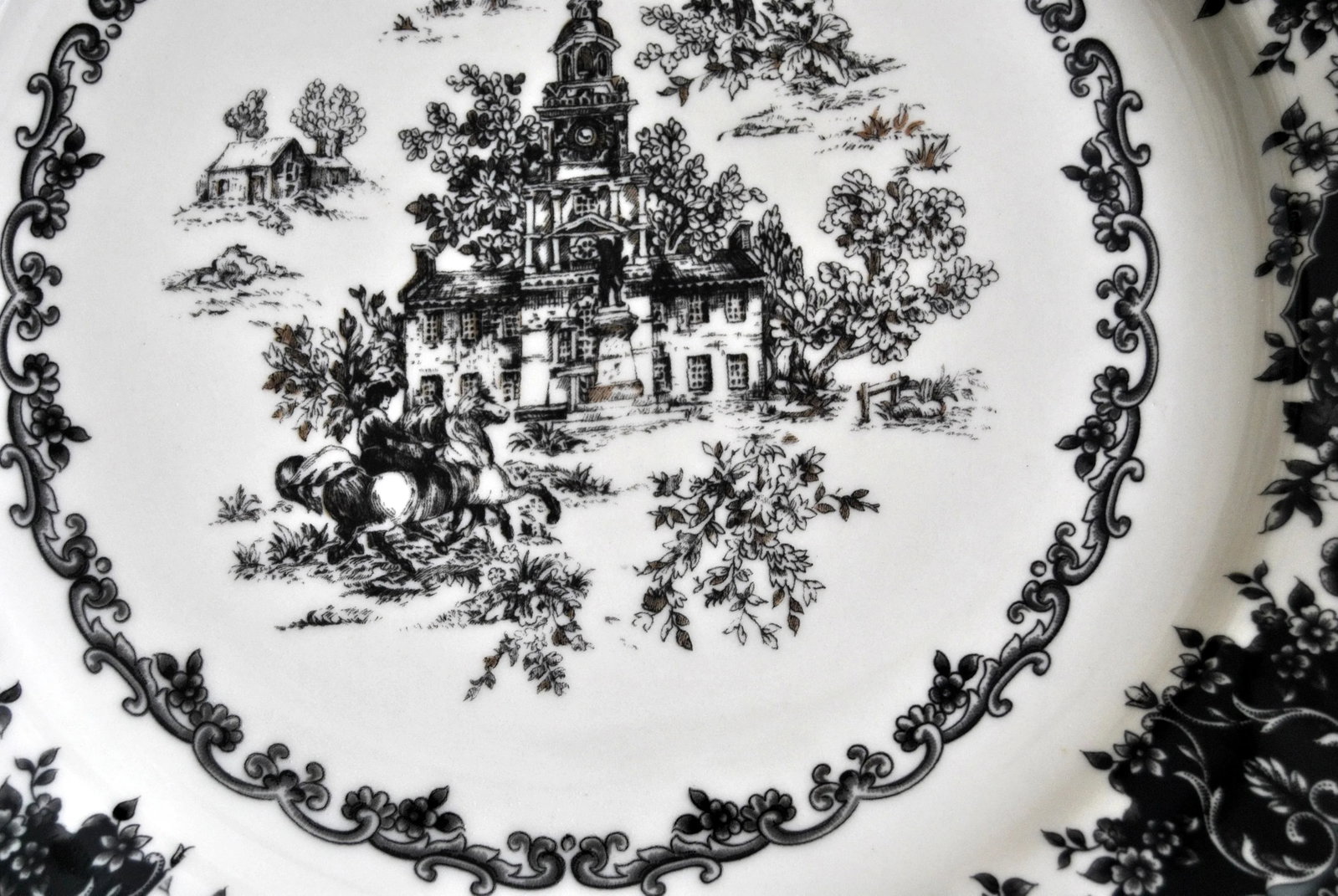 Old Britain Staffordshire Toile Black Platter Equestrian Country Theme Table Top - 5