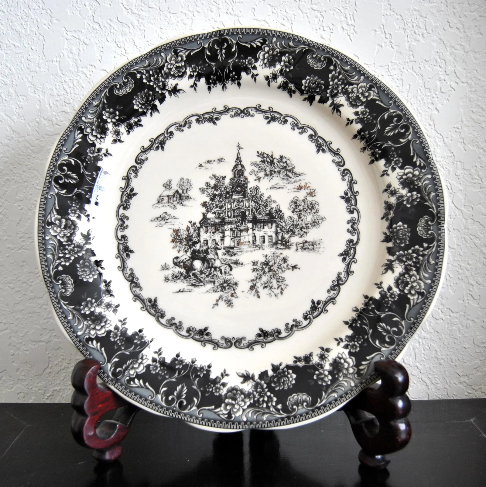 Old Britain Staffordshire Toile Black Platter Equestrian Country Theme Table Top - 6