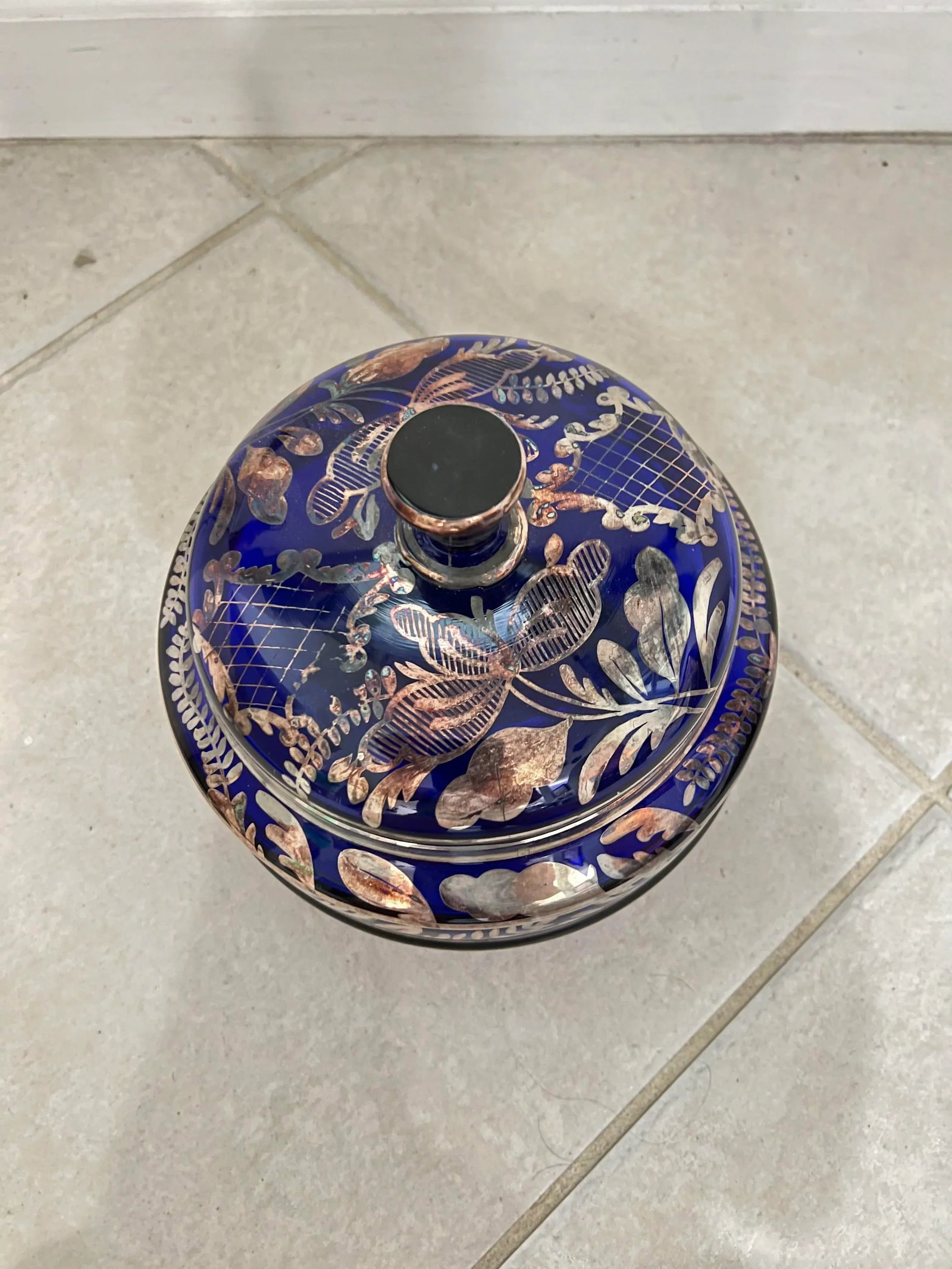 Early 20th Century Blue Glass & Silver Floral Overlay Bowl With Lid - 5