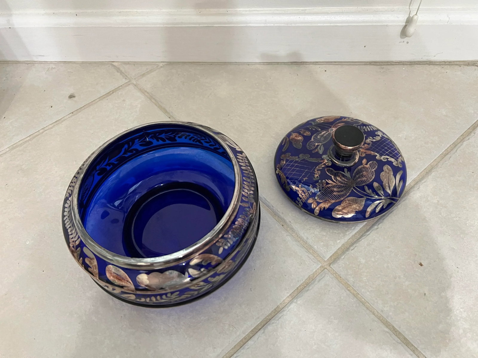 Early 20th Century Blue Glass & Silver Floral Overlay Bowl With Lid - 6